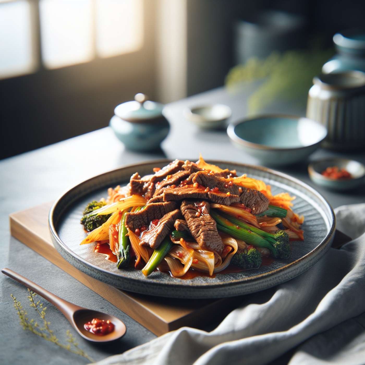 Korean Kimchi Beef Stir-Fry with Peppers and Bamboo Shoots