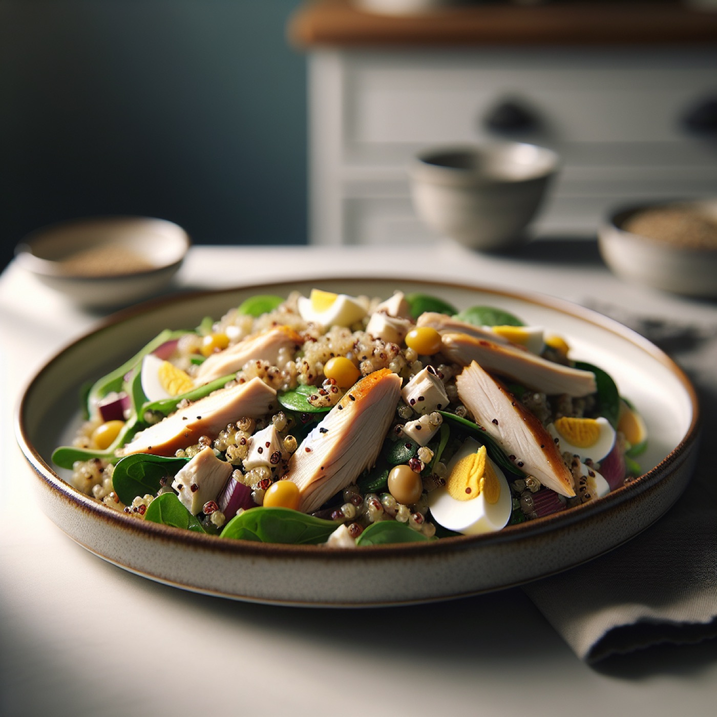High-Protein Chicken Quinoa Salad with Spinach and Lemon Dressing