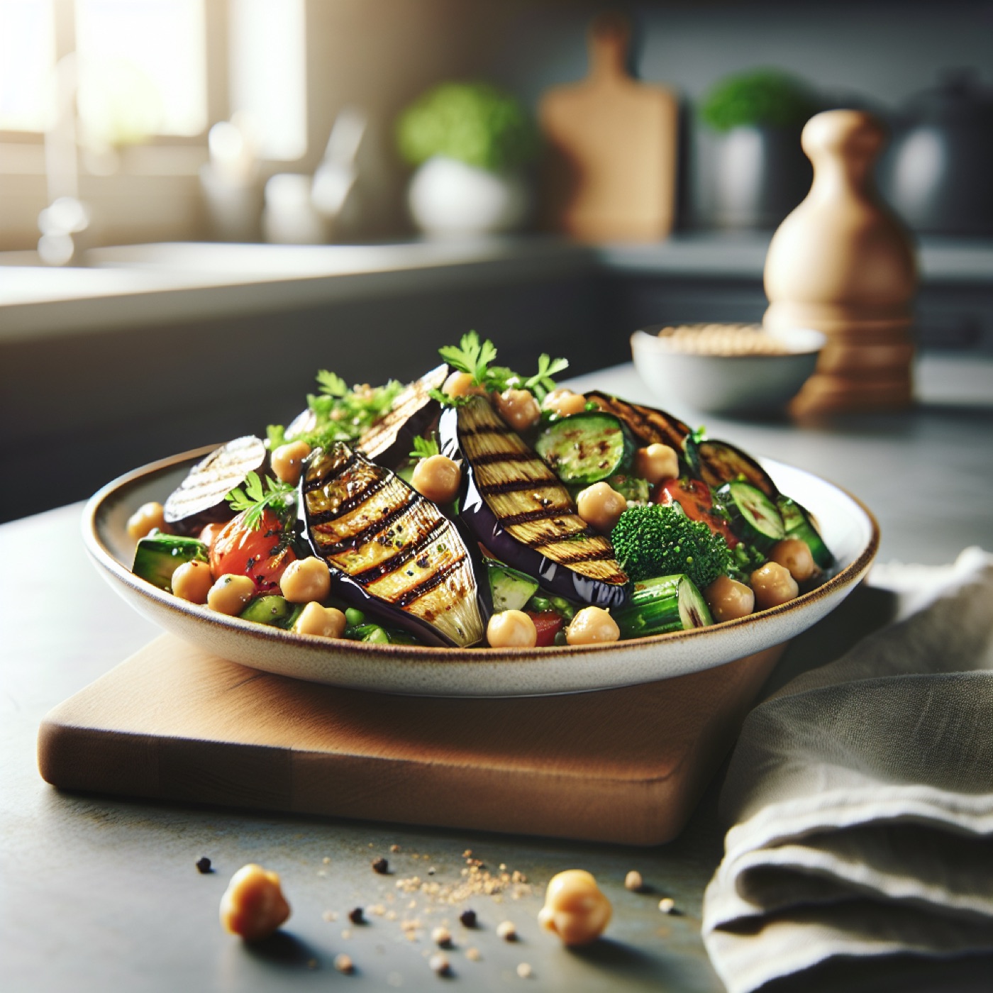 Lebanese Roasted Eggplant and Chickpea Salad with Tahini Dressing