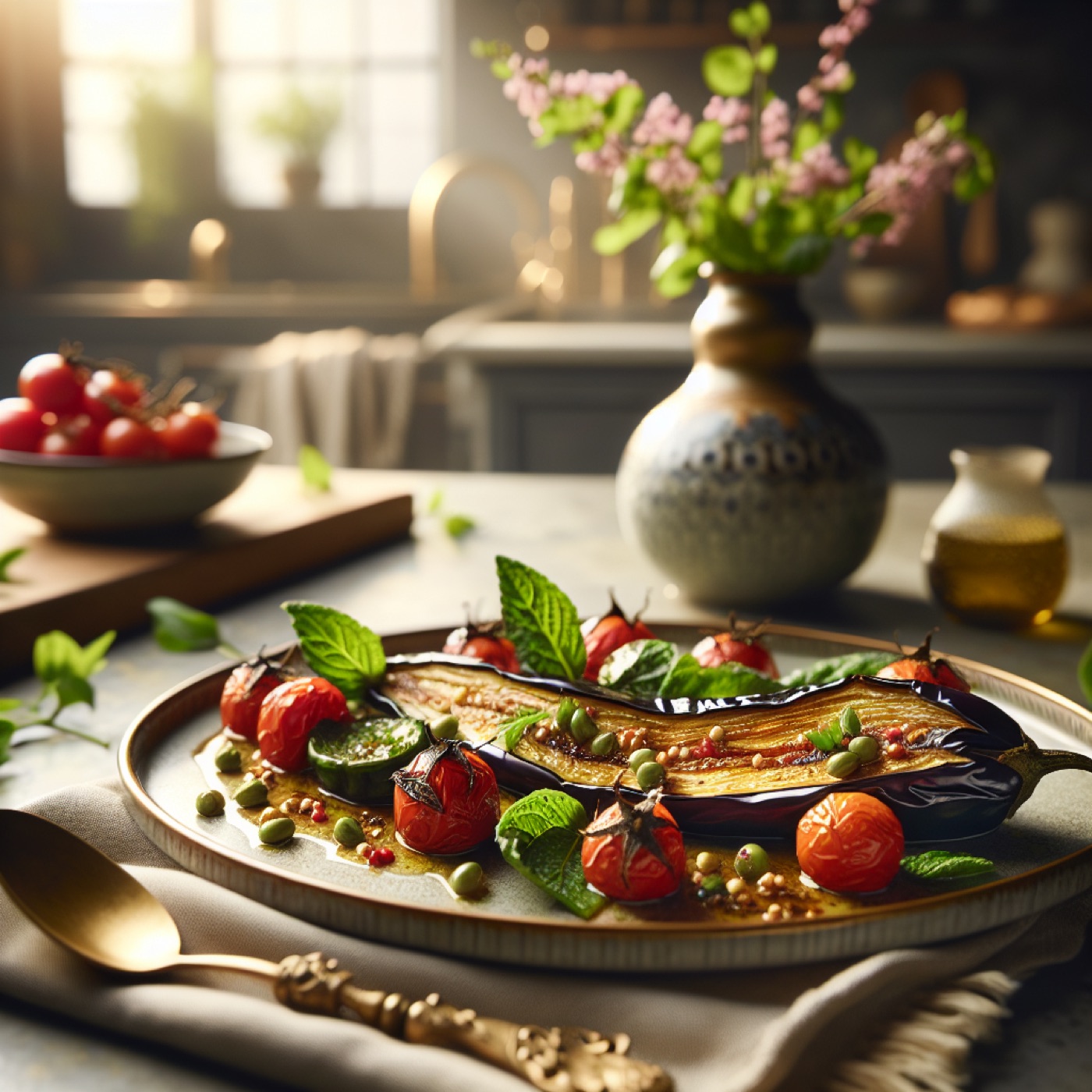Lebanese Roasted Eggplant with Cherry Tomatoes, Mint and Parsley